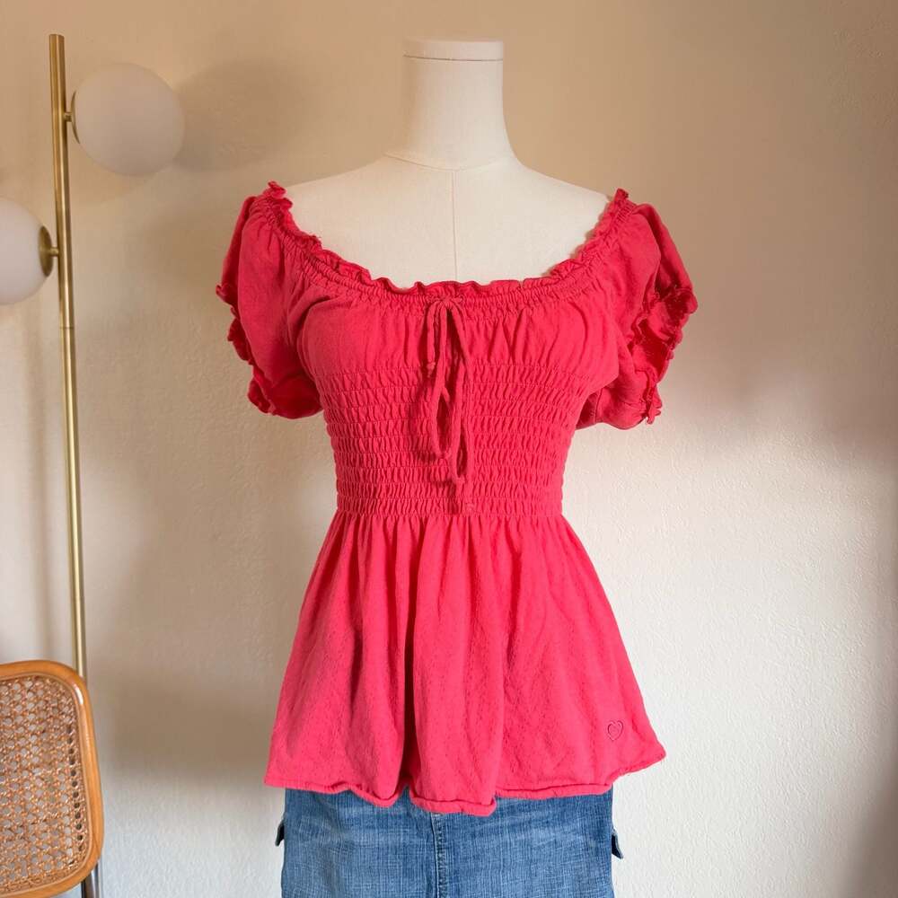 L.e.i. Vintage Y2K Pink Smocked Peasant Milkmaid Top Size XL